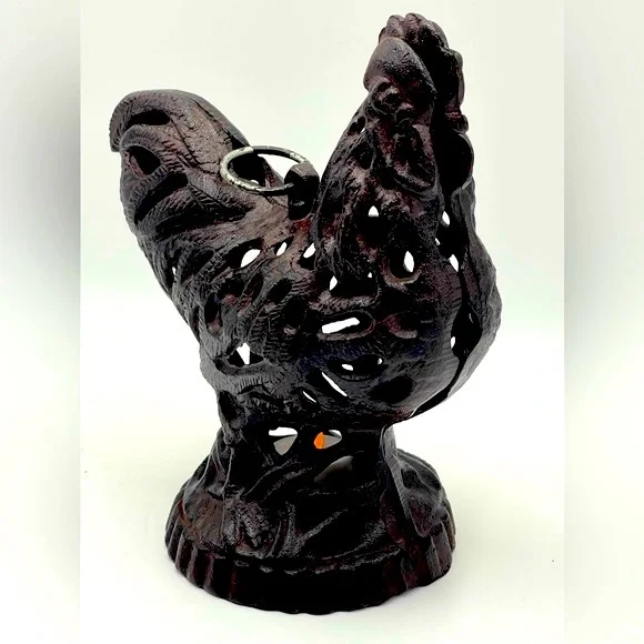 Vintage Rooster Chicken Lantern: Bronze Cast Iron Votive Tea Light Candle Holder